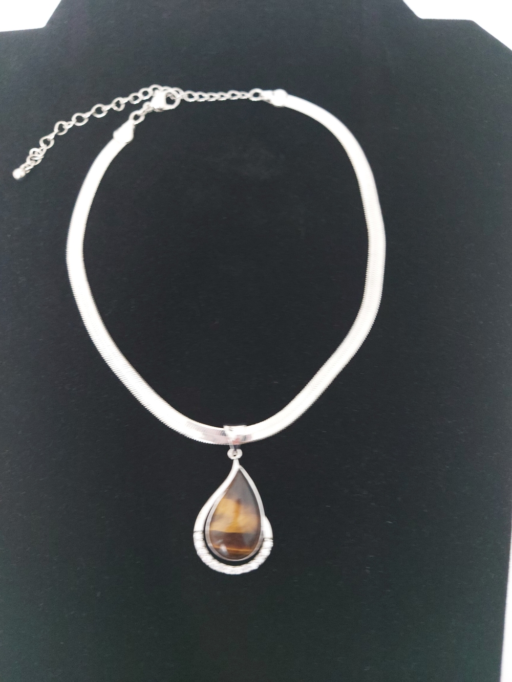 Tiger Eye Crystals Teardrop Pendant Necklace Silver Tone  Statement Necklace